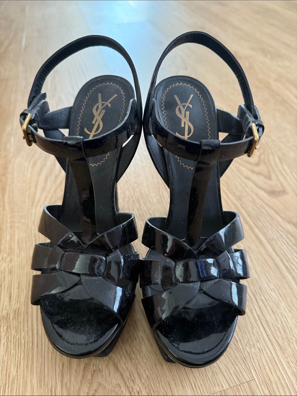Saint Laurent Black Patent Platform Sandal Heels with Braided Front